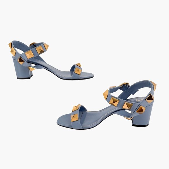 Valentino Garavani Roman Stud Block Heel Sandals Blue Leather Size 39 US 9 - Picture 9 of 15